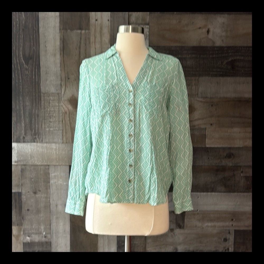 Anthropologie Maeve green white button up shirt size 2 business casual softgirl